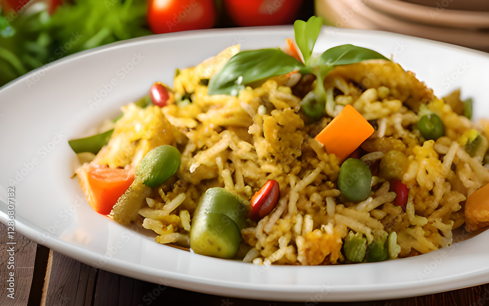 Close-up photo of delicious plate of veg biriyani. An Indian dish made up of vegetables and cooked rice in high definition 4K Close-up photo of delicious plate of veg biriyani. An Indian dish made up of vegetables and cooked rice in high definition 4K