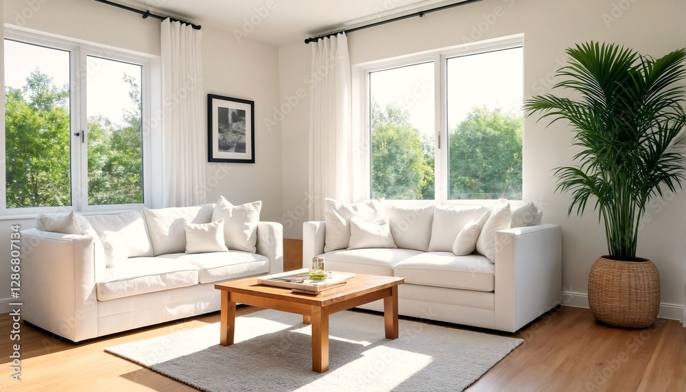 Fototapeta premium A living room with natural lighting featuring a white couch and coffee table.