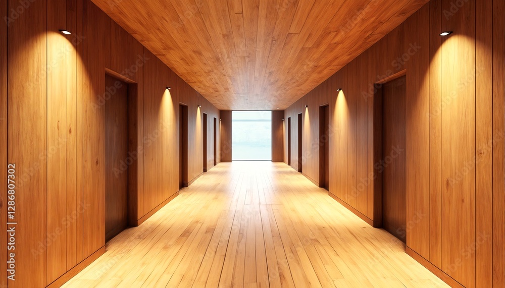 Fototapeta premium A long hallway with wood paneling and recessed lighting, illuminated by natural light at the end.