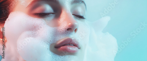 Close-up shot of a womanâ€™s face covered in foam, representing relaxation, skincare, or a spa treatment, with soft lighting creating a dreamy effect. photo