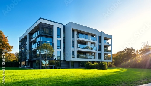 Wallpaper Mural Modern apartment building with multiple stories and a large grassy area in front. Torontodigital.ca