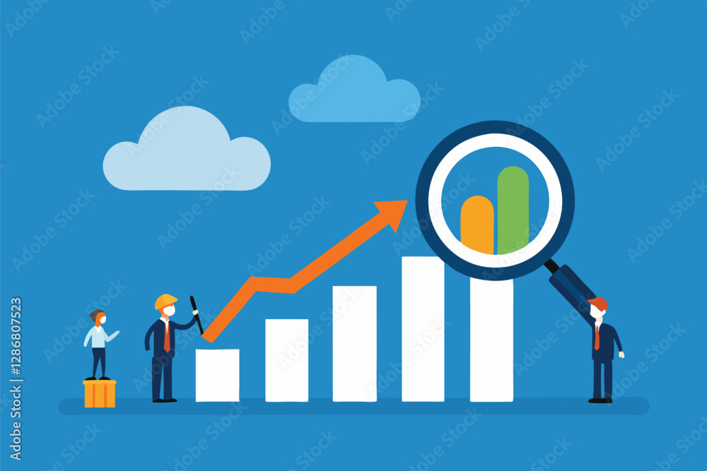 Business growth, financial analysis, bar graph, upward trend, magnifying glass, miniature business people, blue background, white clouds, orange arrow, data visualization, teamwork, corporate success, Business growth, financial analysis, bar graph, upward trend, magnifying glass, miniature business people, blue background, white clouds, orange arrow, data visualization, teamwork, corporate success,
