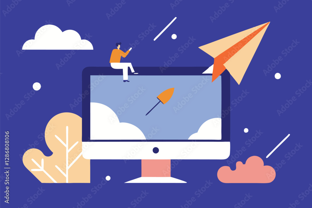 Fototapeta premium Minimalist illustration, computer monitor, fishing rod, paper airplane, abstract clouds, geometric shapes, vibrant colors, blue background, vector art style, flat design, creative concept, 