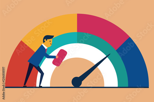 Retro illustration, businessman pushing gauge needle, colorful semicircle meter, efficiency concept, productivity metaphor, vibrant colors, flat design, textured background, minimal style, 