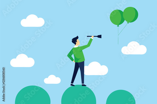 Minimalist illustration, man standing on green hill, holding telescope, looking into distance, green balloons floating, fluffy white clouds, blue sky background, flat design, vector art style, simple 