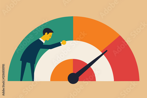 Minimalist illustration, businessman pushing gauge needle, performance meter, productivity dashboard, colorful semicircle design, flat graphic style, teal and orange contrast, efficiency concept, goal