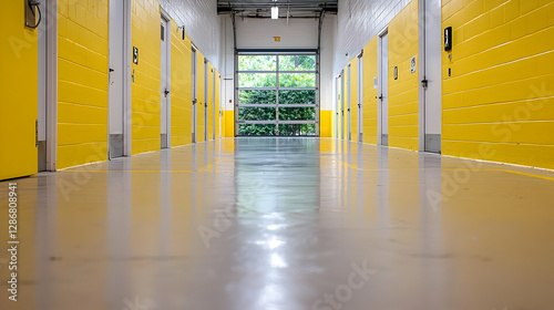 Bright yellow storage unit hallway, trees outside