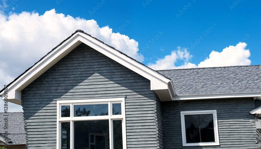 A house with grey siding and white trim features a large window and a smaller one below it against a blue sky with clouds. A house with grey siding and white trim features a large window and a smaller one below it against a blue sky with clouds.