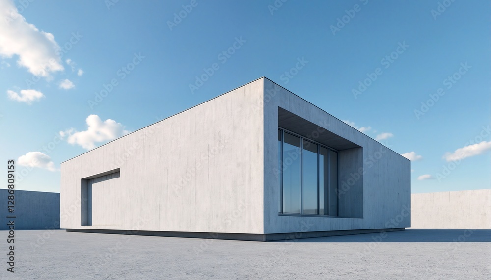 A modern concrete building with minimalistic design and clean lines stands out against a bright blue sky. A modern concrete building with minimalistic design and clean lines stands out against a bright blue sky.