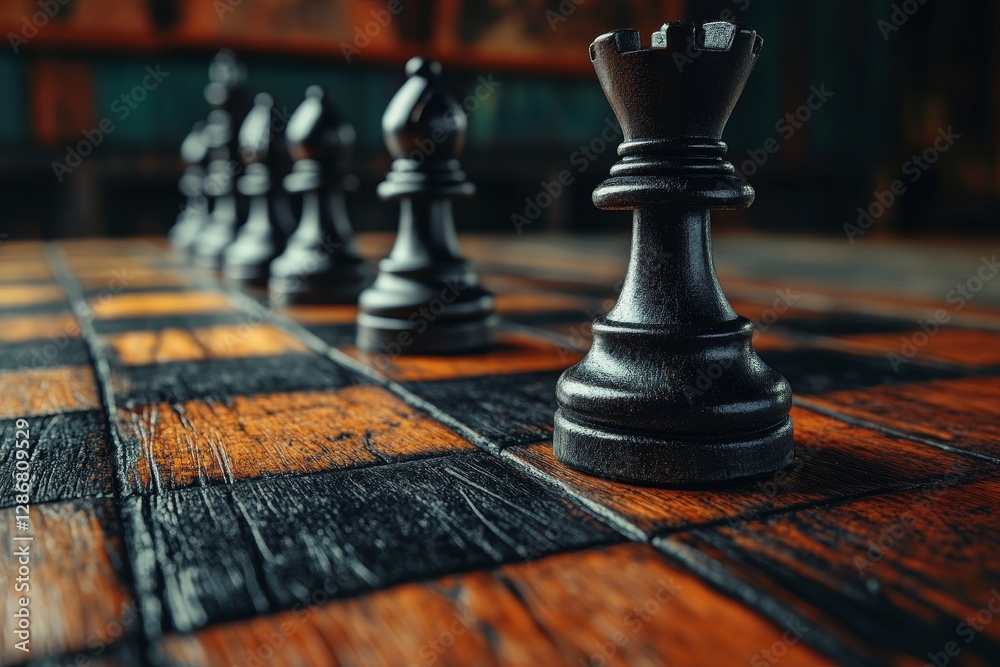 Chess pieces are arranged on a game board, captured in a closeup shot against a dark background Chess pieces are arranged on a game board, captured in a closeup shot against a dark background