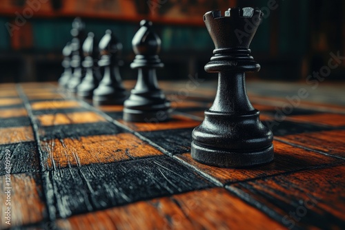 Chess pieces are arranged on a game board, captured in a closeup shot against a dark background
