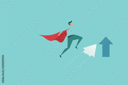 Minimalist illustration, businessman with red cape leaping upward, blue arrow pointing up, teal background, flat design, geometric shapes, conceptual business growth image, paper texture, 