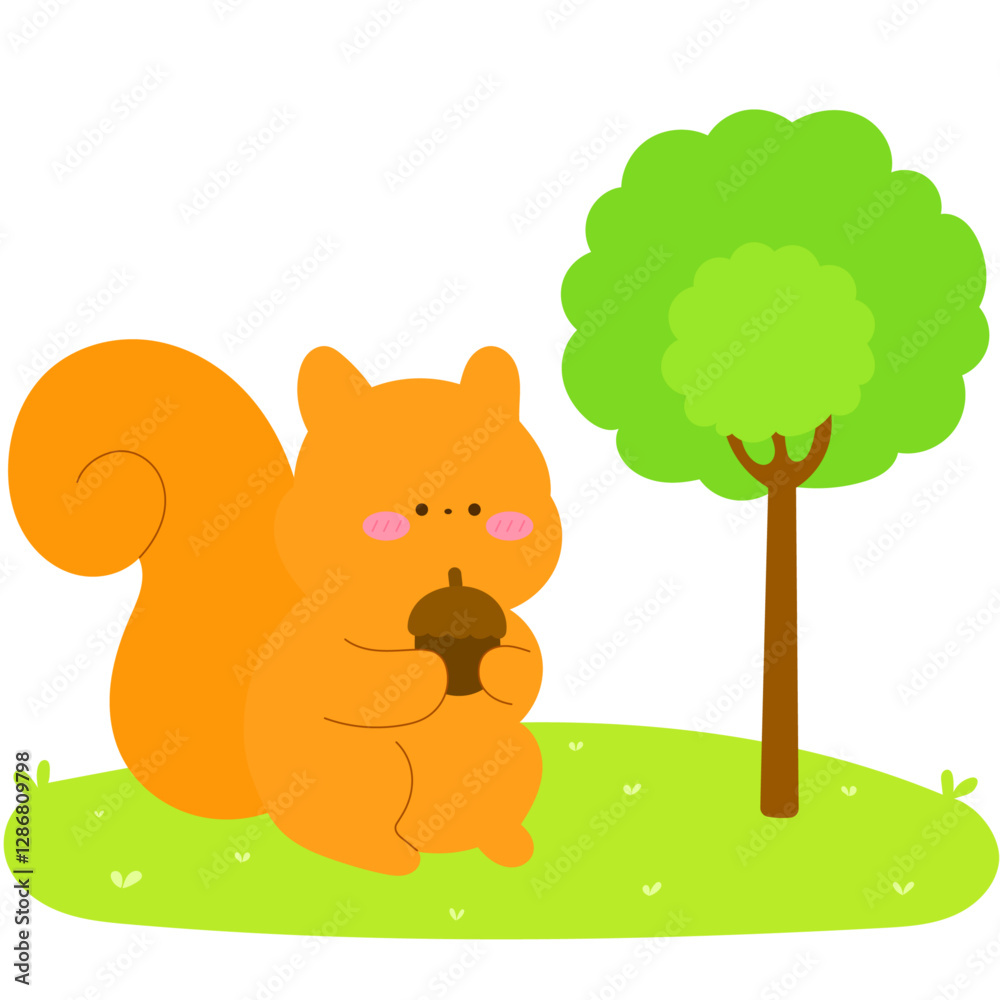 Fototapeta premium cute squirrel holding an acorn under a tree, woodland animal flat vector illustration