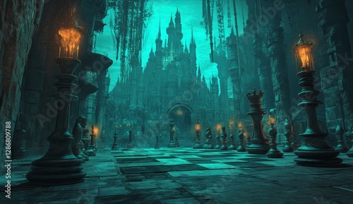 Ancient chess pieces positioned on a chessboard create a fantastic battlefield, stock image available