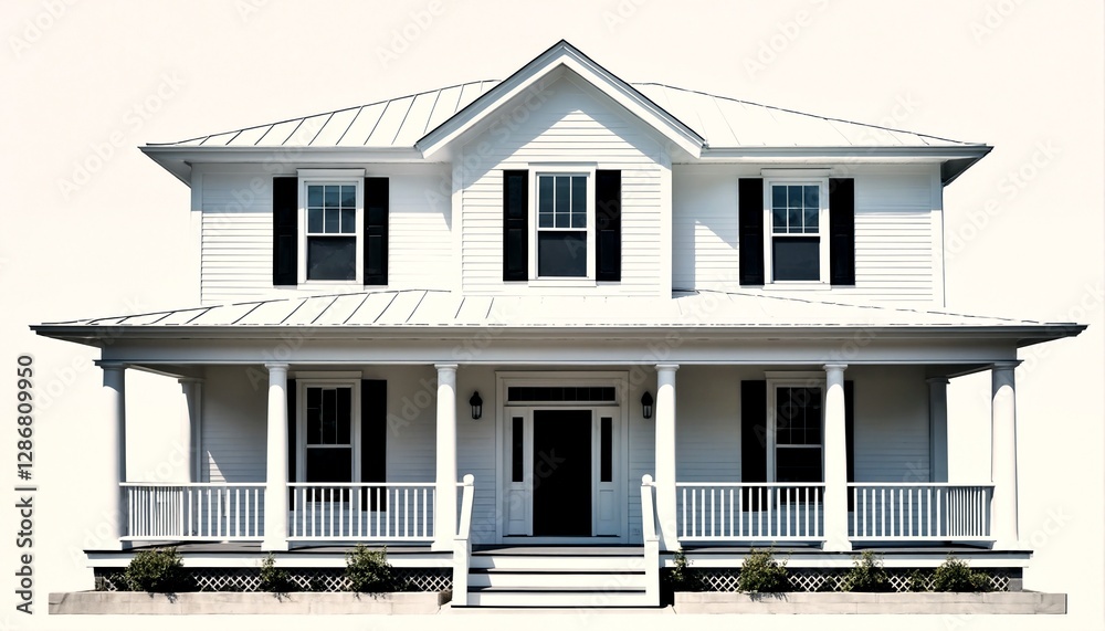A white two-story house with black shutters and a porch. A white two-story house with black shutters and a porch.