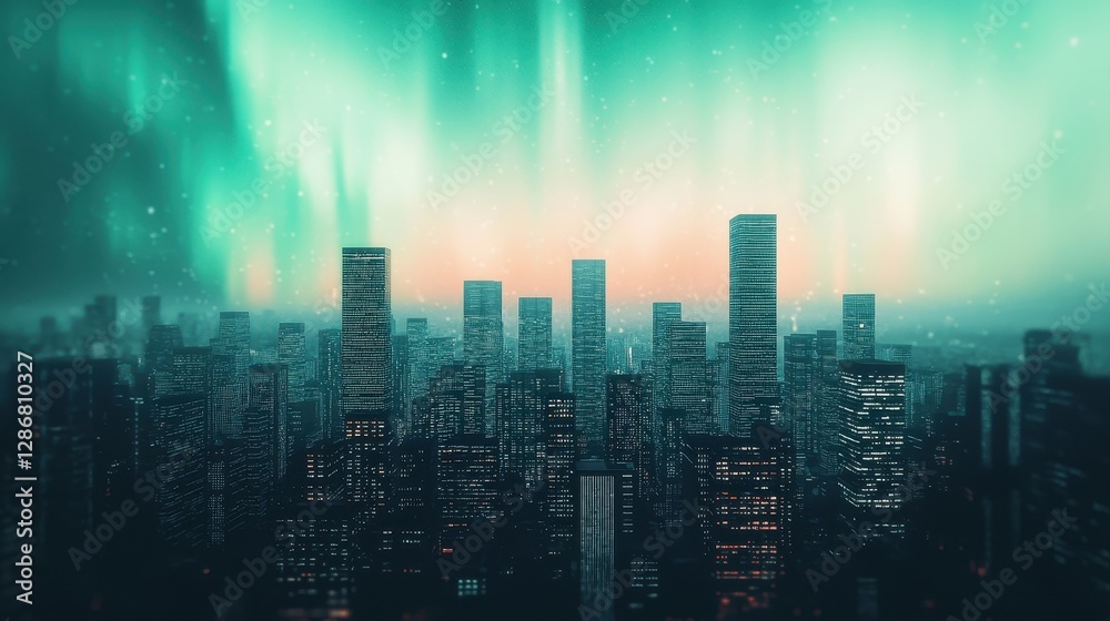 A stunning skyline illuminated by vibrant green auroras, blending modern skyscrapers with an otherworldly atmosphere at twilight. A stunning skyline illuminated by vibrant green auroras, blending modern skyscrapers with an otherworldly atmosphere at twilight.