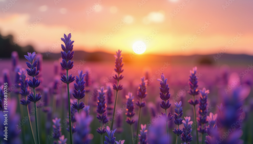 Fototapeta premium Lavender flowers blooming in a field during sunset with a picturesque orange and purple sky