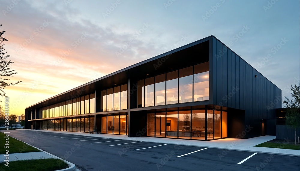 Modern black office building with large windows and a parking lot during sunset. Modern black office building with large windows and a parking lot during sunset.