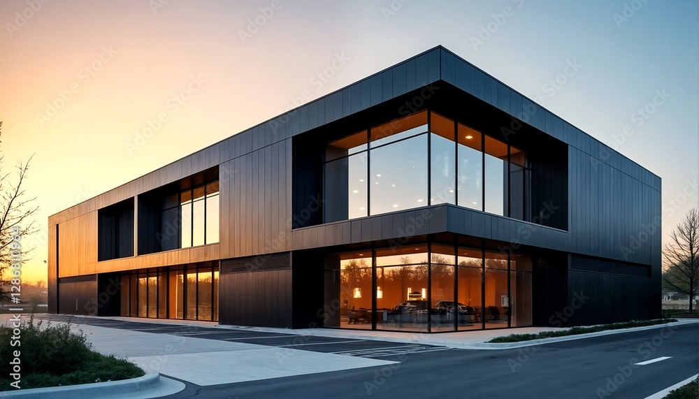 A modern office building with large windows and a minimalist design is set against a backdrop of trees. A modern office building with large windows and a minimalist design is set against a backdrop of trees.