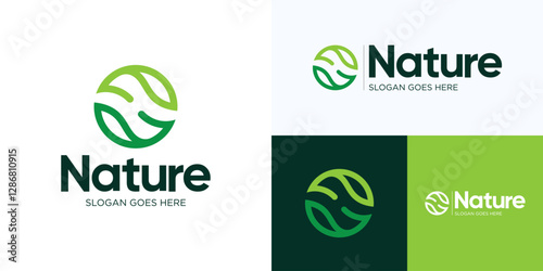 Green Nature leaves logo, Green plant or gardening logo design, Sprout leaf logotype, Agriculture vector logo concept, Ecology of environmental protection, organic icon logo, Nature farm, Icon logo H 