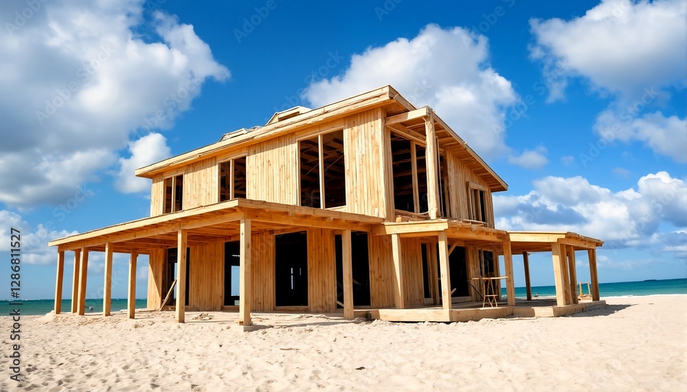 A house under construction on a beach. A house under construction on a beach.