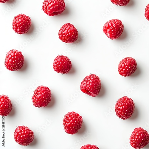 top down view of raspberries evenly distributed on white background 