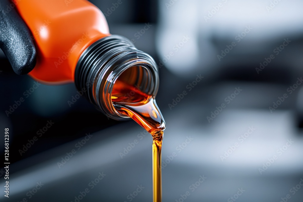 Naklejka premium Mechanic pouring new fresh engine oil from orange bottle