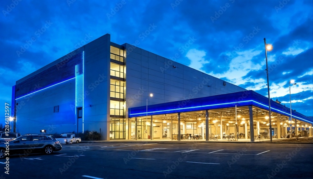 Obraz premium A large grey building with blue lights is shown at night from two different angles.
