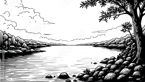 engraving style illustration of a beautiful landscape