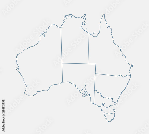 Outline Australia map isolated on white background. Australia map. Australia map outline template. Editable Australia map outline with state and territory divisions. Vector illustration