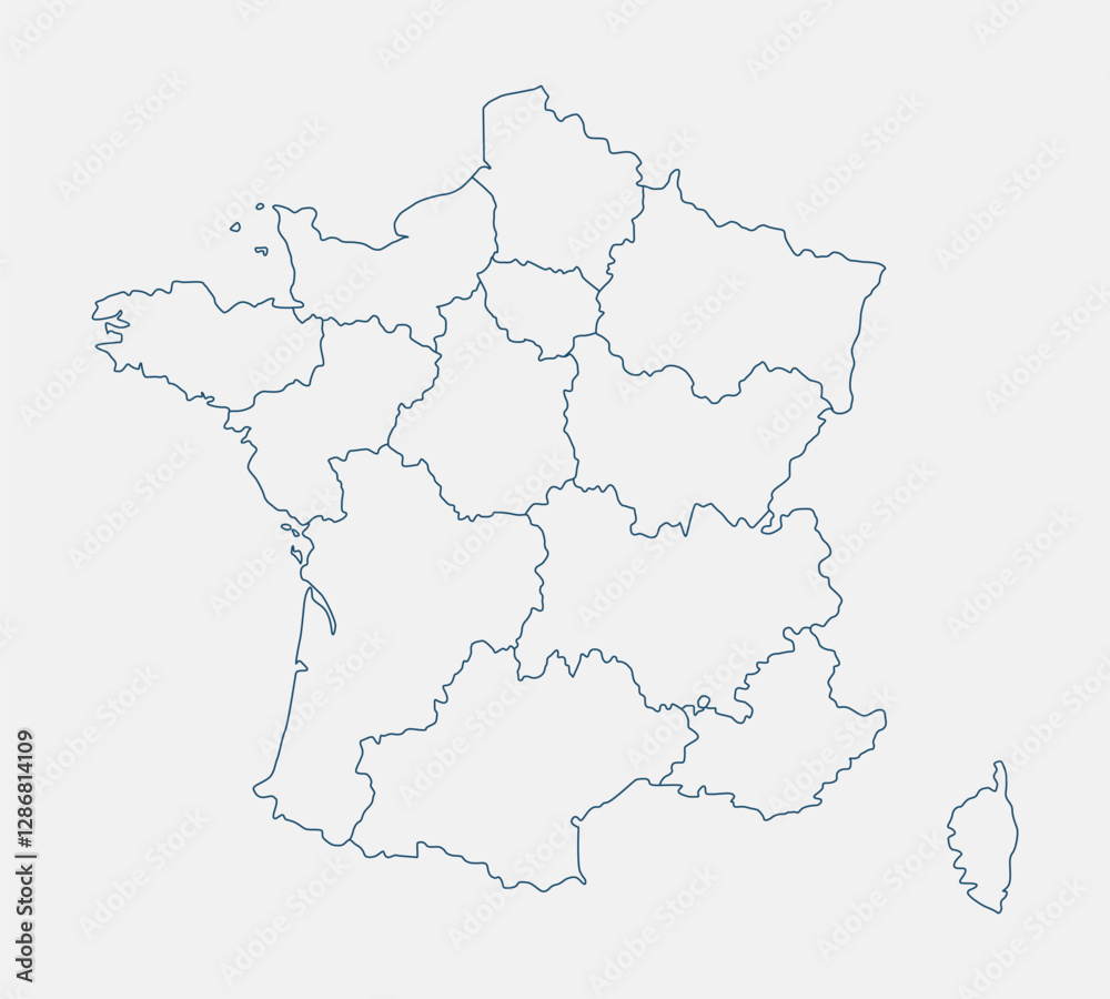 Fototapeta premium Outline France map isolated on white background. France map. France map outline template. Editable France map outline with regional divisions. Vector illustration