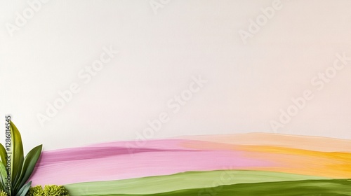 Elegant Abstract watercolor brushstrokes combining sky blue soft yellow and floral pink resembling a spring sunrise over a meadow 