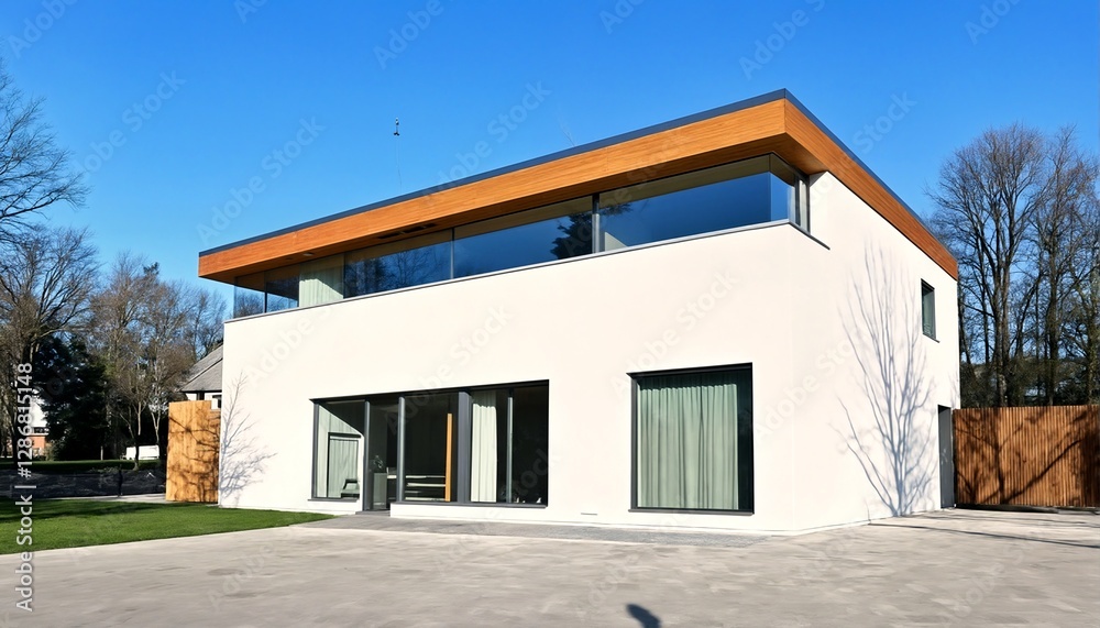 Modern house with white walls and wooden accents. Modern house with white walls and wooden accents.