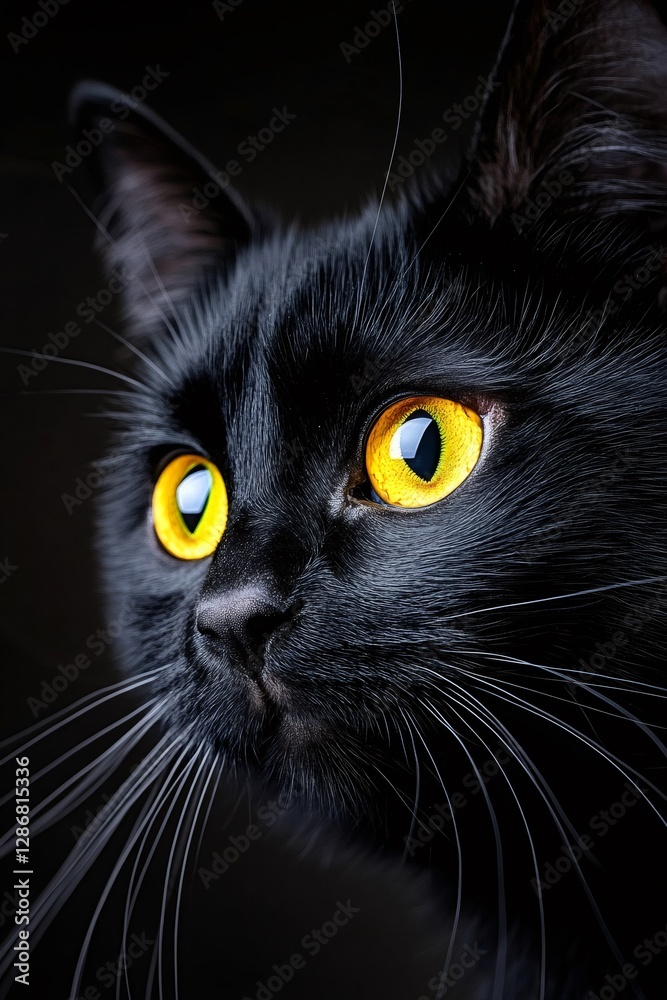 Black cat with yellow eyes staring into darkness Black cat with yellow eyes staring into darkness