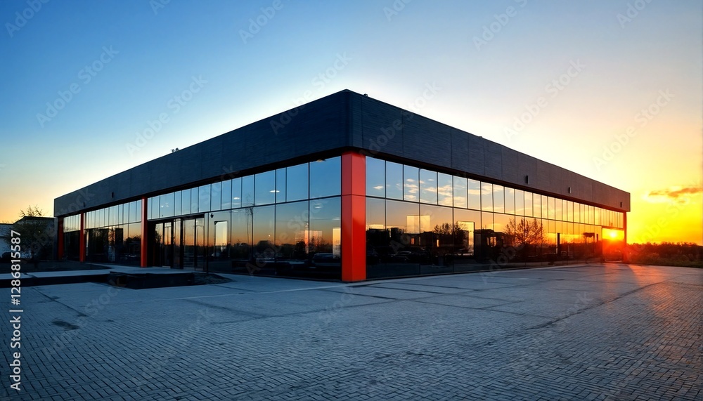 A modern office building with large glass windows and red accents is shown at sunset. A modern office building with large glass windows and red accents is shown at sunset.