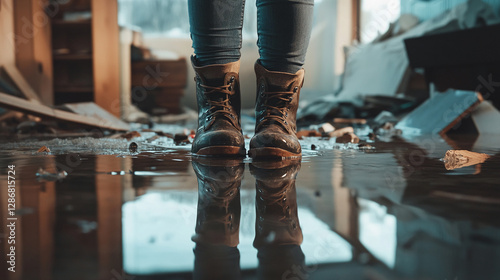 A person wearing rugged boots standing in a flooded room with debris scattered around, symbolizing water damage, disaster recovery, or cleanup efforts in a home or office environment.