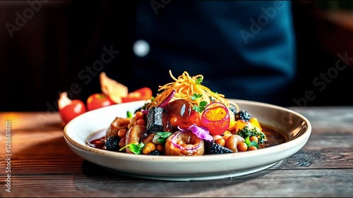 A gourmet dish of vegetables, berries and pasta, garnished with a sauce carefully poured on top by the chef, on a wooden table. Generated by AI