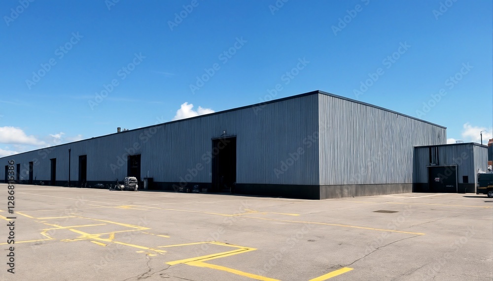 Large warehouse building with a parking lot in front. Large warehouse building with a parking lot in front.