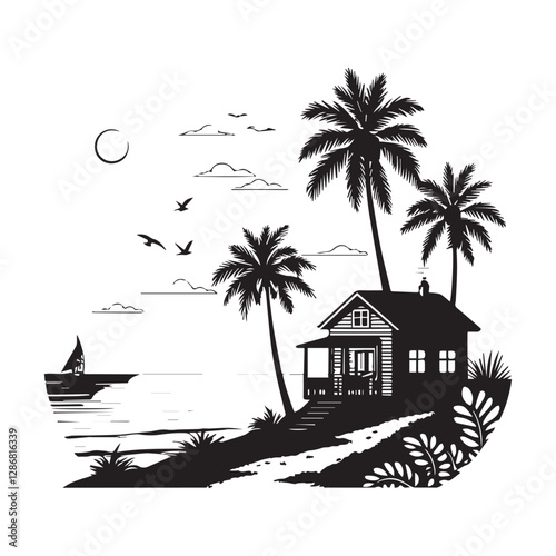 "Palm Tree and Beach House – Monochrome Coastal Scene"