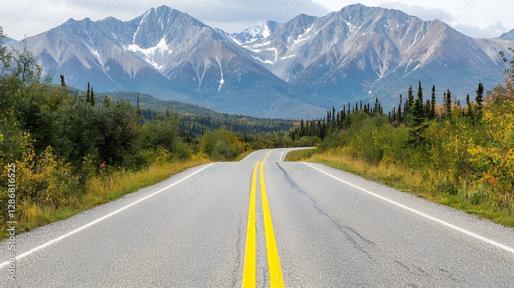 Fototapeta premium Asphalt Road Leads to Snow Capped Mountains in Autumn Landscape Under Cloudy Sky