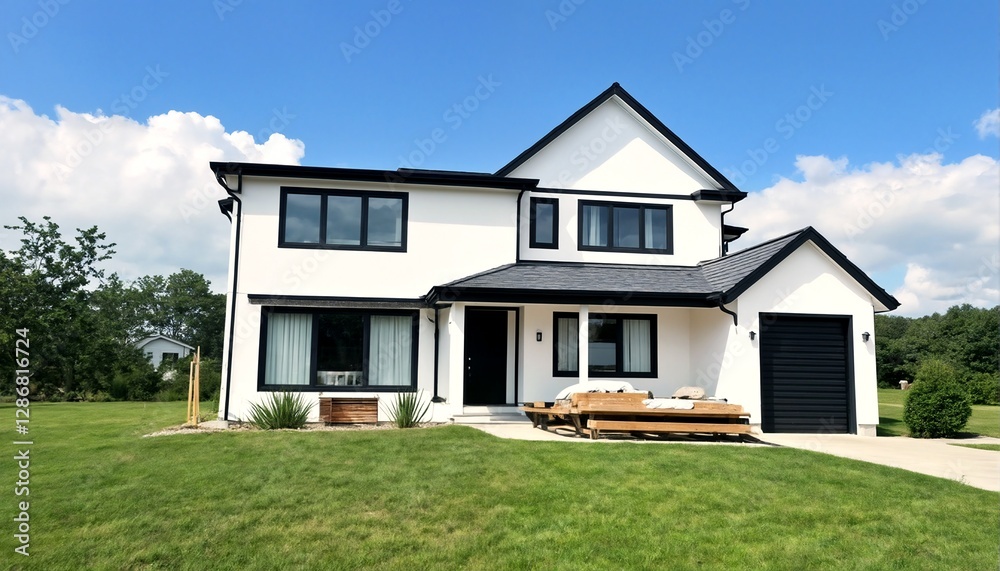 Two images of a house with a white exterior and black trim. Two images of a house with a white exterior and black trim.