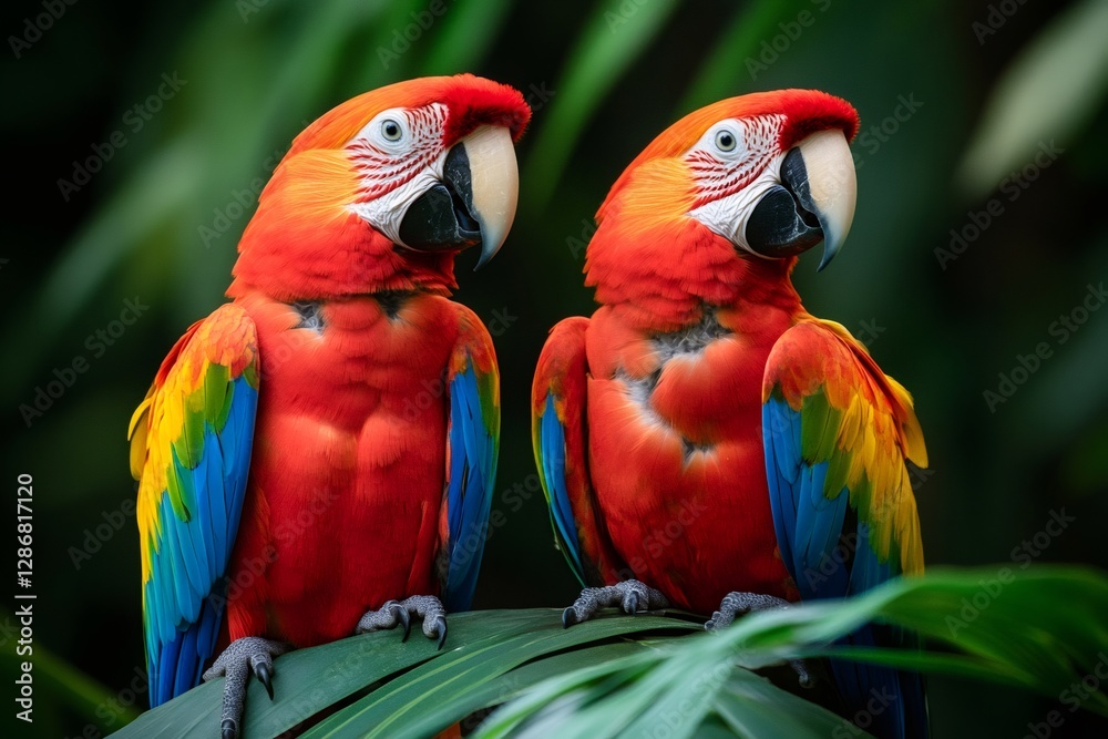 Two vibrant scarlet macaws perching on lush green leaves Two vibrant scarlet macaws perching on lush green leaves