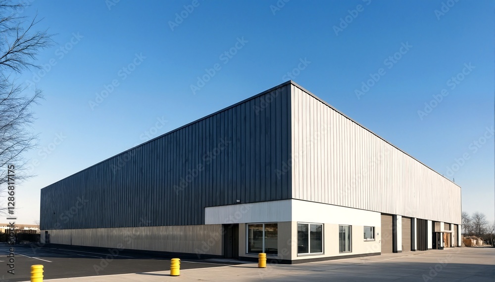 A large warehouse with a grey and white exterior and a flat roof, situated in an empty parking lot. A large warehouse with a grey and white exterior and a flat roof, situated in an empty parking lot.