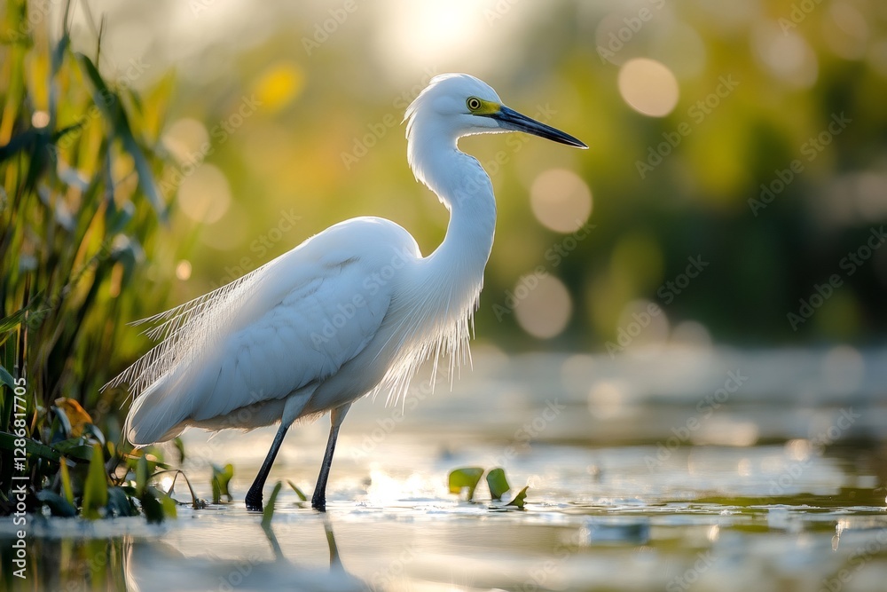Naklejka premium Little egret wading in water at sunset with bokeh effect