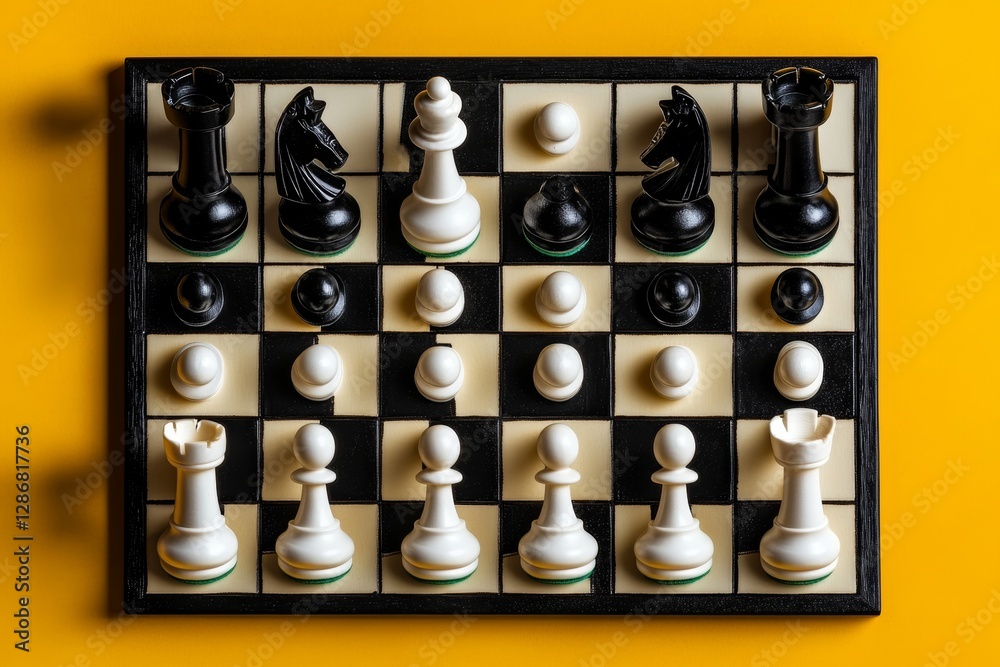 A chess game concept is depicted by a chessboard with figures positioned on a yellow background, shown from a top view with available copy space A chess game concept is depicted by a chessboard with figures positioned on a yellow background, shown from a top view with available copy space