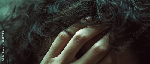A hand gently cradles thick, curly dark hair, evoking a sense of comfort and introspection, highlighted by soft, subdued lighting.
