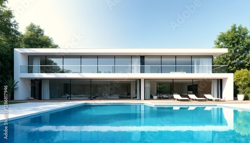 A modern minimalist contemporary white house with a large blue swimming pool.