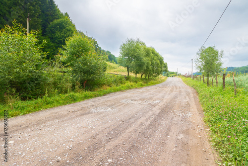 gravel road runs through rural landscape of transcarpathia. peaceful scenery with country way among forested hills. cloudy summer sky. forest on the hill