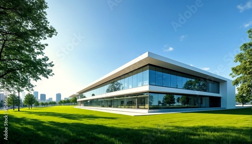 Wallpaper Mural A modern building with floor-to-ceiling windows and a minimalist design sits on a grassy lawn, with trees in the foreground and a city skyline visible in the background. Torontodigital.ca