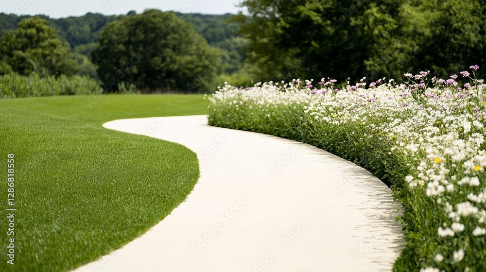 Obraz premium Elegant Quiet path winding through a wildflower meadow surrounded by trees and soft summer light perfect calming retreat 